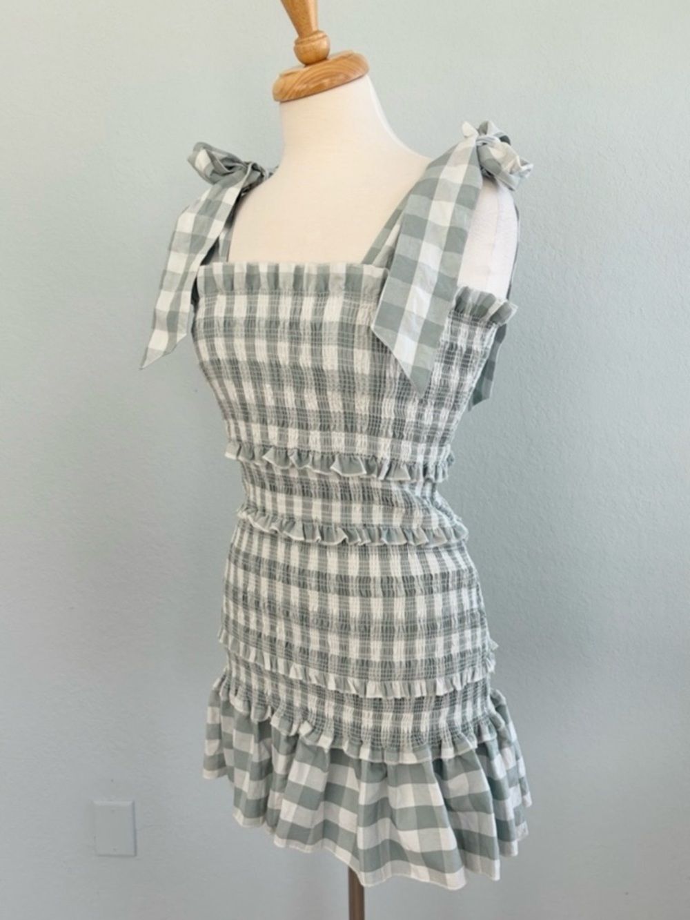 MABLE Allison Smocked Sage Gingham Check Mini Dress - Picture 7 of 14